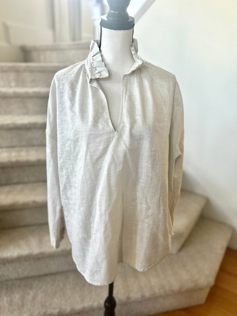 A Shirt Thing Stone White Beige Silver Metallic Ruffle Neck Tunic Blouse
